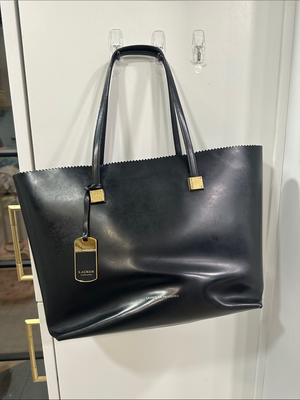Lauren Ralph Lauren Black Leather Tote with Gold Accents